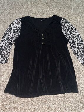 Black Velvet Tunic with Black-and-White Patterned Sleeves